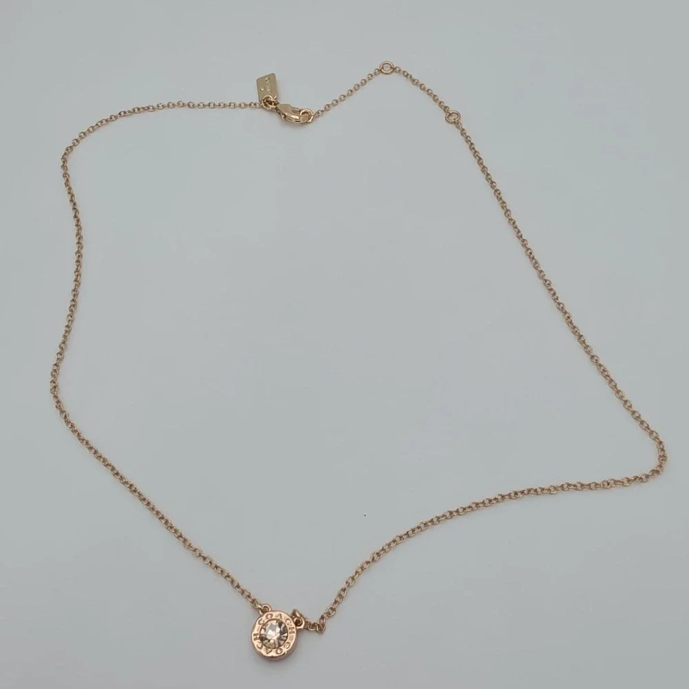 Vtg COACH Necklace Open Circle Crystal Pendant Rose Gold Plate‎ Round Link 18